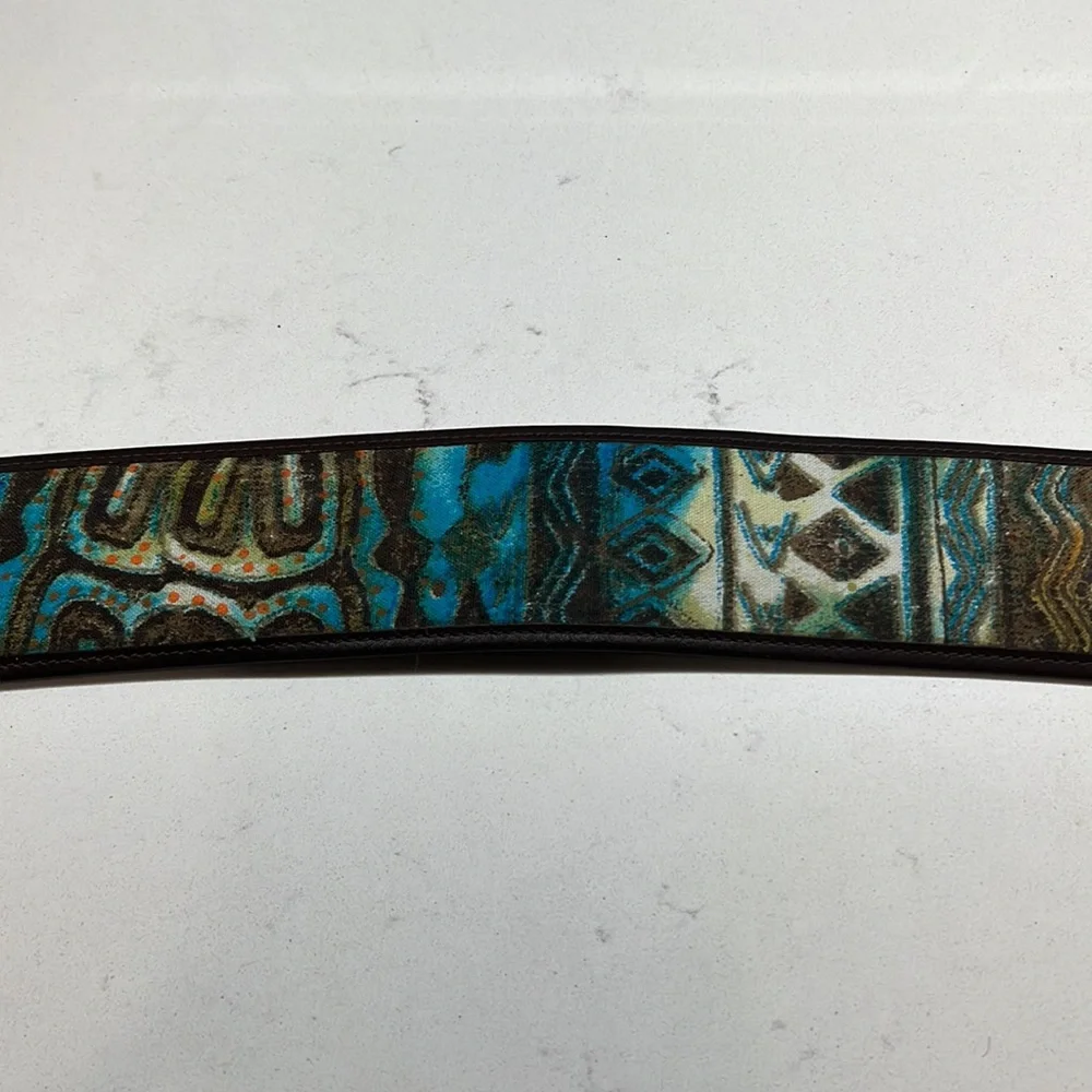 Chicos Faux Leather Trim Fabric Front Belt Round Buckle Teal Abstract Print Sz S